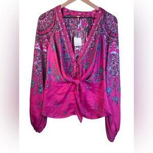 Free People Pink Floral Women's Blouse Top Tie Waist Size Medium
